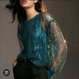 Anthropologie Pilcro Long-Sleeve Sequin Shine Top In Turquoise NWT